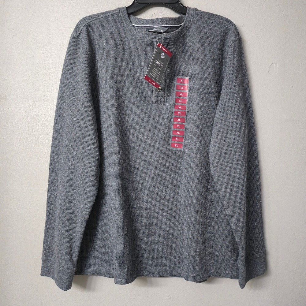 Members Mark Mens XL Thermal Henley Shirt Charcoal Grey Heather Waffle